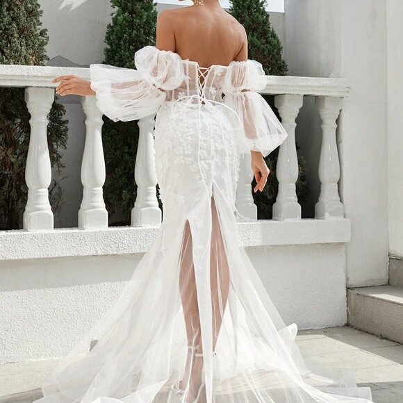 White Preppy Womens One Shoulder Back Tie Dress w/ Floral Fabric And Mesh Skirt - Picture 2 of 5